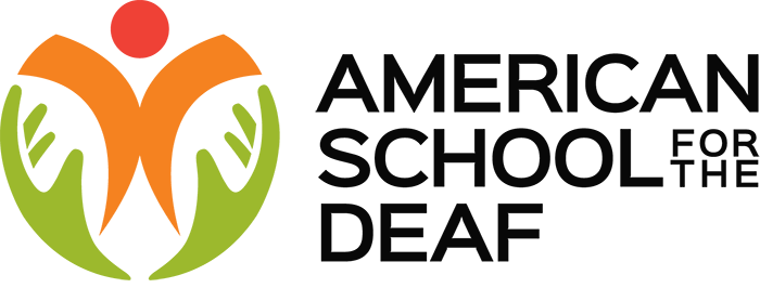 American School for the Deaf logo, colored with red, orange and green hands holding a stick figure